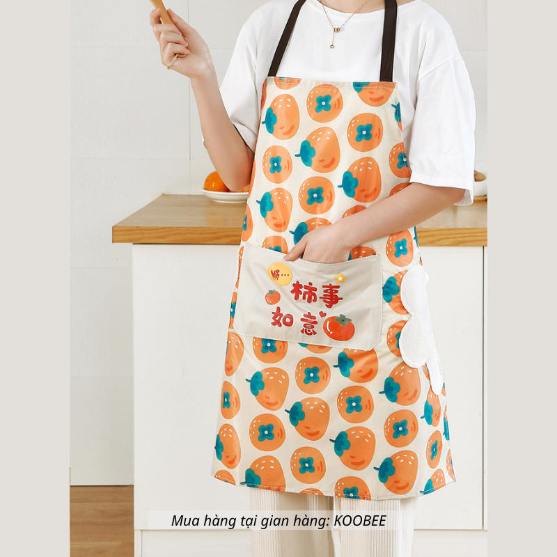 Tạp dề chống nước chống thấm PVC cổ yếm có túi đựng và khăn lau tay họa tiết quả cam quả hồng cực hot (CSNC35)