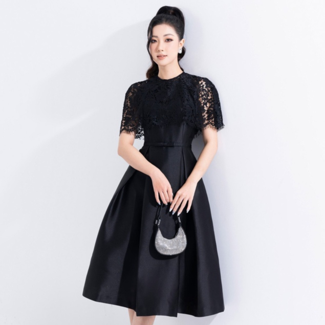 Đầm dạ hội nữ HeraDG dáng xòe thiết kế phối cổ ren, xếp thân ly, chất liệu Tafta cao cấp WDPBB6055