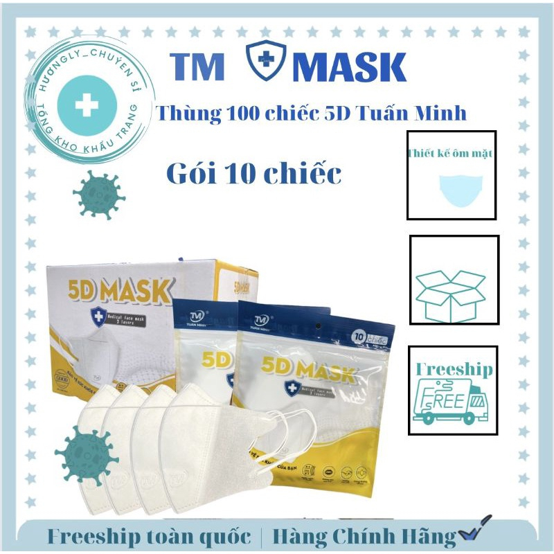 Sỉ 1 thùng (gồm 100 cái) khẩu trang 5D Tuấn Minh thùng màu vàng mẫu mới