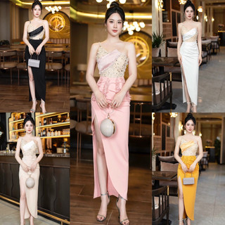 Đầm dạ hội hai dây kết ngọc cao cấp-TK TẶNG KÈM HOA TAI THỜI TRANG