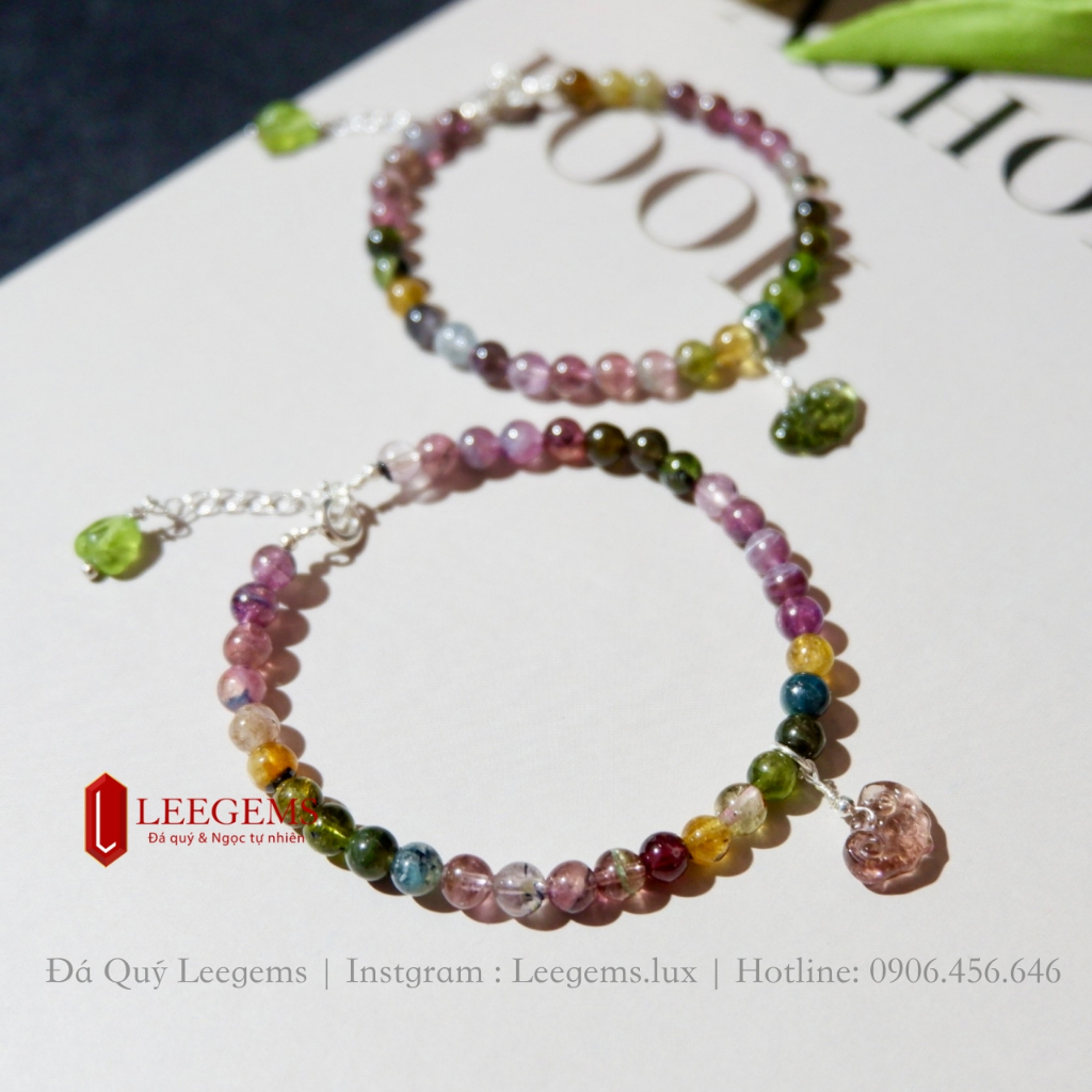 Lách tay đá Tourmaline đa sắc cầu vồng mix charm thiết kế dành cho nữ không kén mệnh