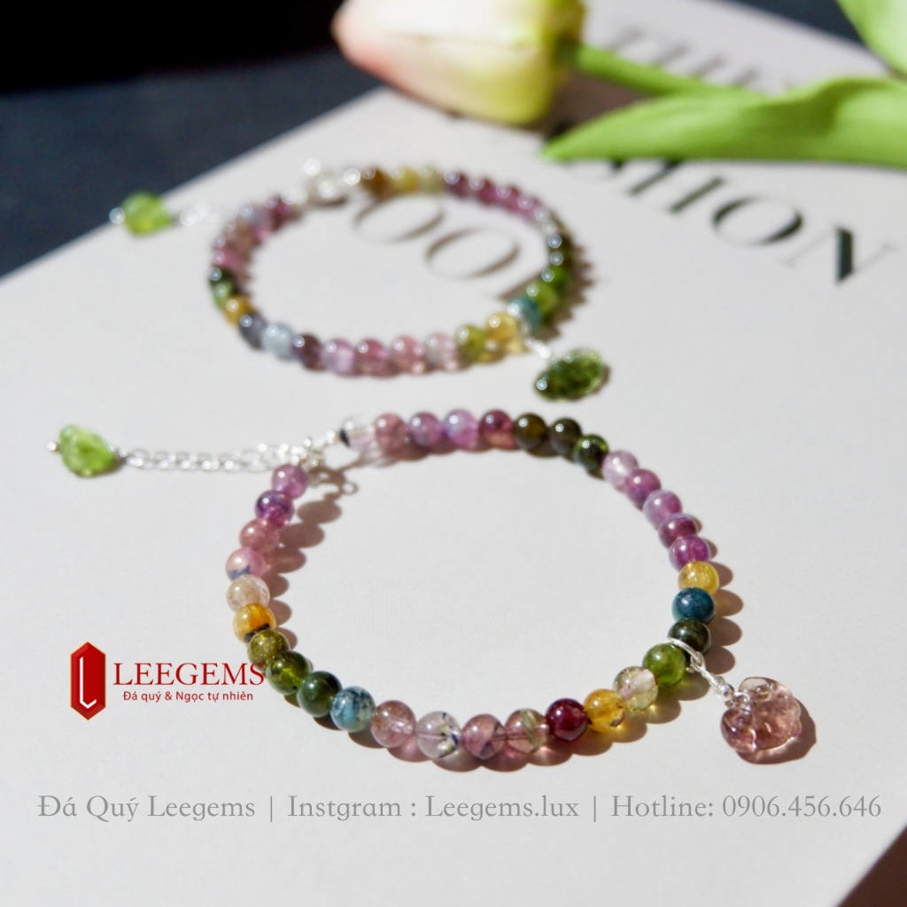 Lách tay đá Tourmaline đa sắc cầu vồng mix charm thiết kế dành cho nữ không kén mệnh