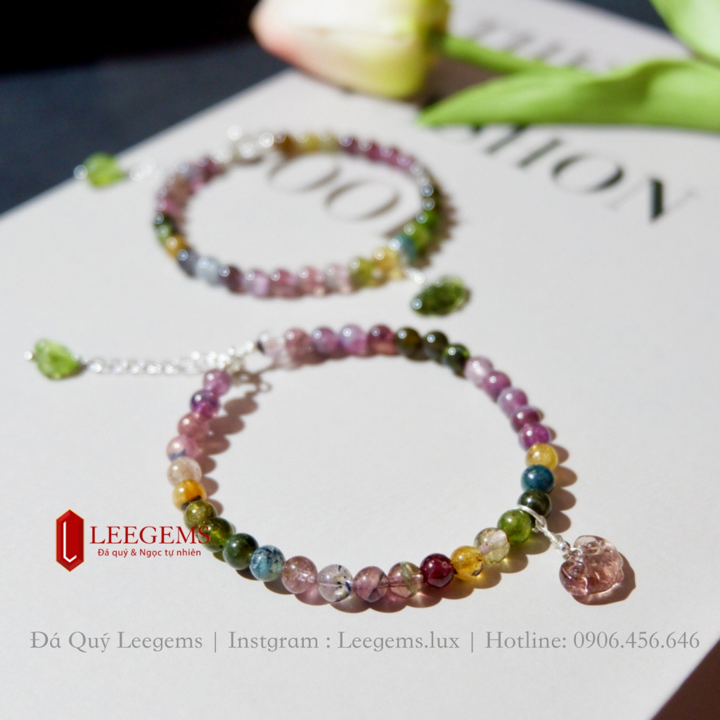 Lách tay đá Tourmaline đa sắc cầu vồng mix charm thiết kế dành cho nữ không kén mệnh