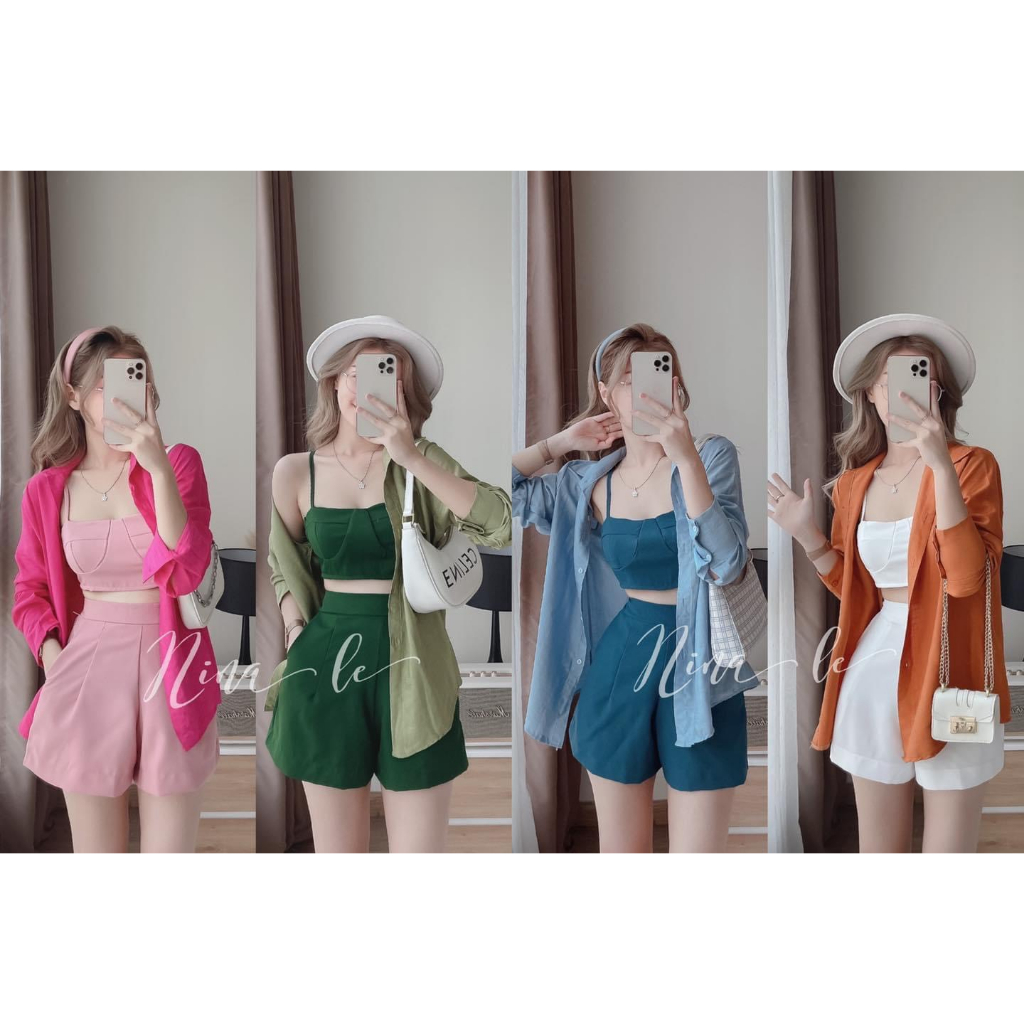 Set đồ bộ nữ áo hai dây cúp ngực kèm sơ mi khoác ngoài mix quần đùi lưng cao trẻ trung, năng động dành cho các nàng dạo.