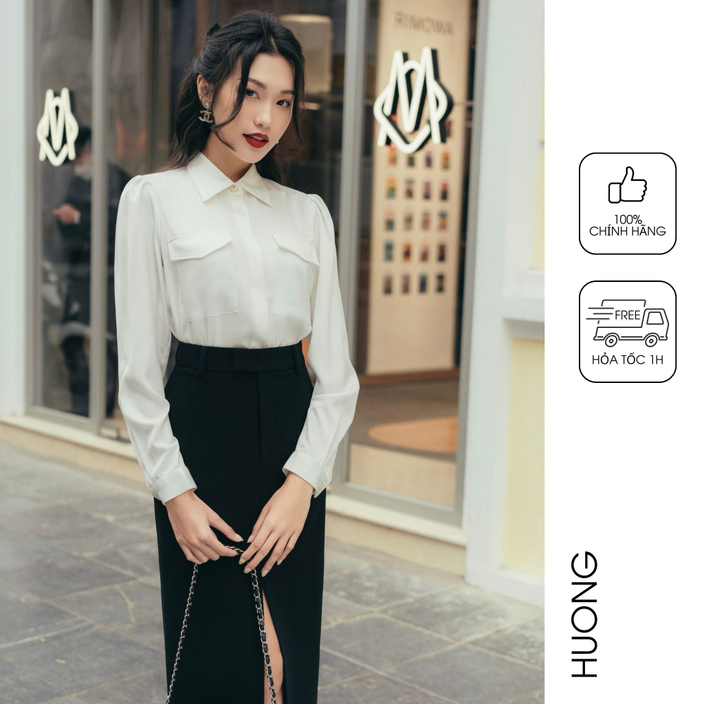 Áo sơ mi lụa satin 2 túi ốp HUONG BOUTIQUE HBSM1028