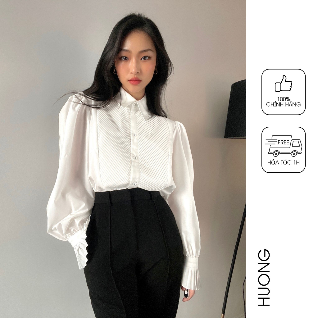 Áo sơ mi cotton lụa nữ HUONG BOUTIQUE HBSM931 tay bèo, dập ly