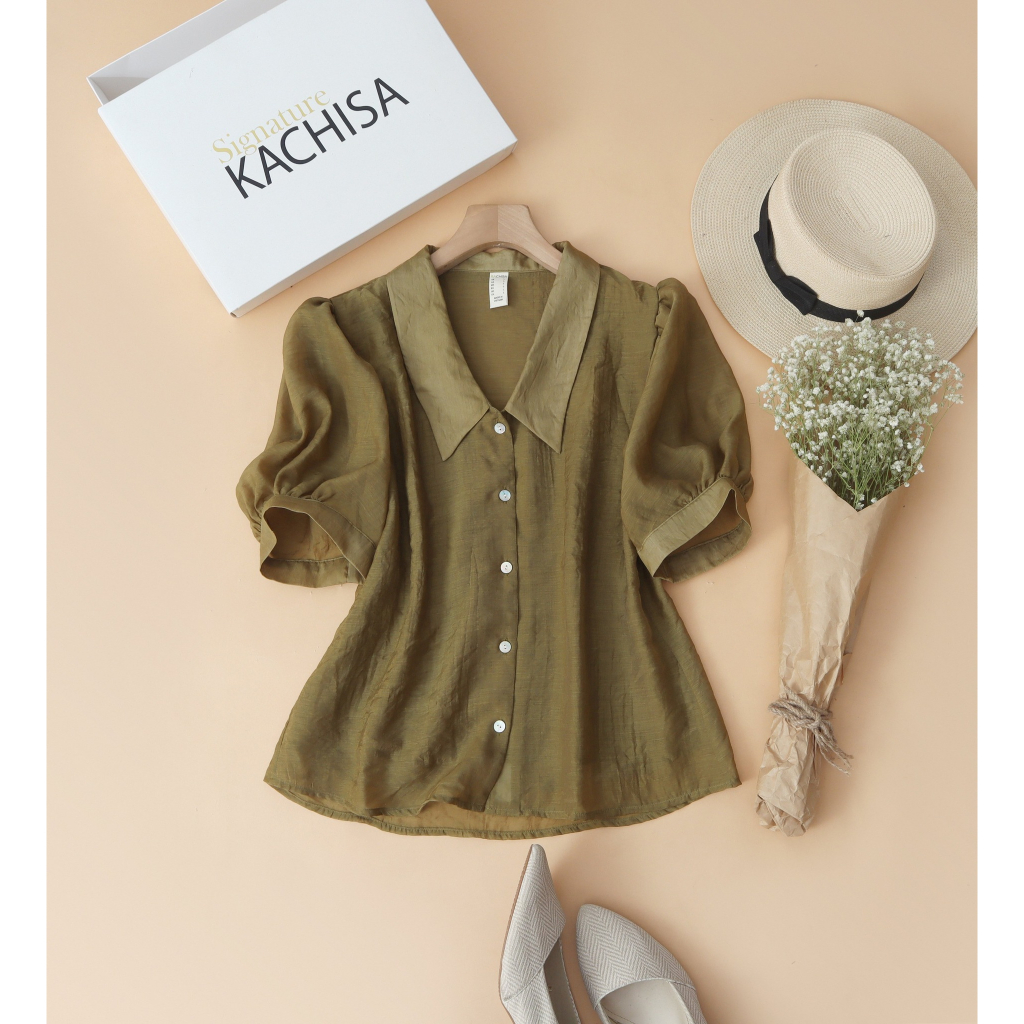 Áo kiểu tay phồng nữ trung niên cao cấp, cổ cánh sen tơ organza xanh kiwi - Thời trang KACHISA 936SQE
