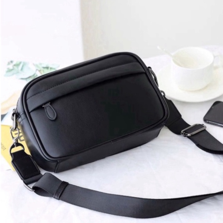 Túi đeo chéo Nam Nữ da đen trơn chống nước phong cách Hàn Quốc TN04