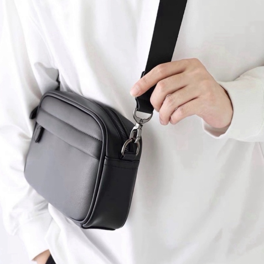 Túi đeo chéo Nam Nữ da đen trơn chống nước phong cách Hàn Quốc TN04