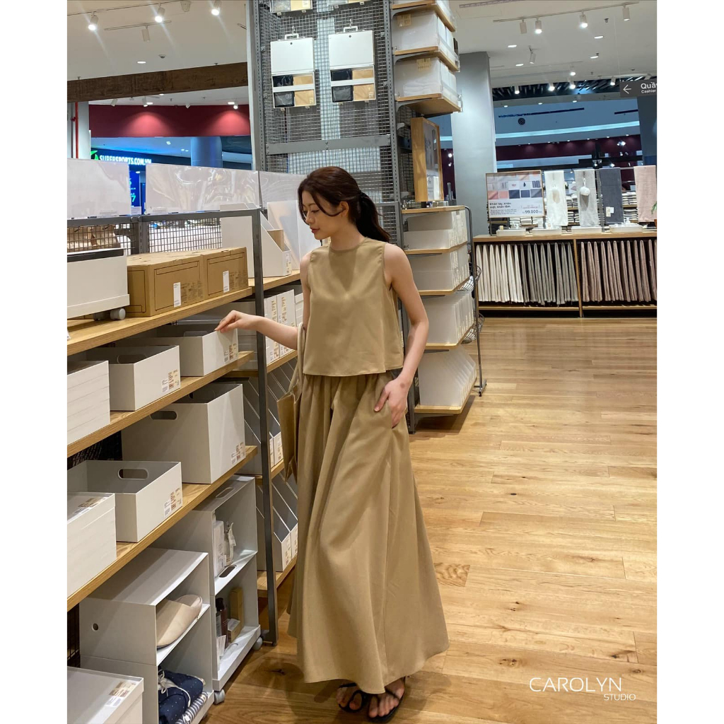 CAROLYN - Set Áo Cộc Tay Dáng Lửng Và Chân Váy Maxi Chất Liệu Thô PAIGE