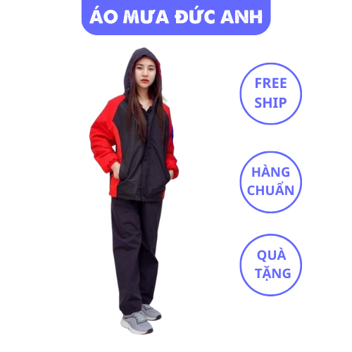 Bộ quần áo mưa nữ có mũ màu đen phối đỏ, áo mưa tách bộ dày dặn chống mưa chống rét - DA06