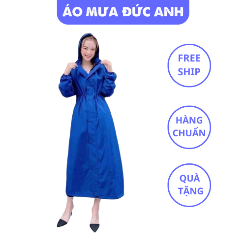 Áo mưa măng tô nữ màu xanh có mũ thắt eo, kiểu dáng thanh lịch sang chảnh - DA10