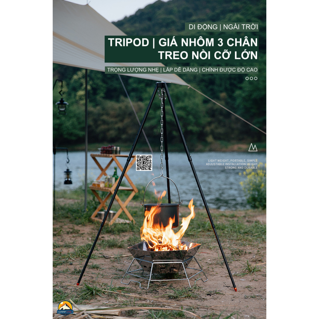 Tripod / Kệ bếp / Giá nhôm 3 chân treo nồi cỡ lớn CLS điều chỉnh được độ cao dã ngoại cắm trại du lịch