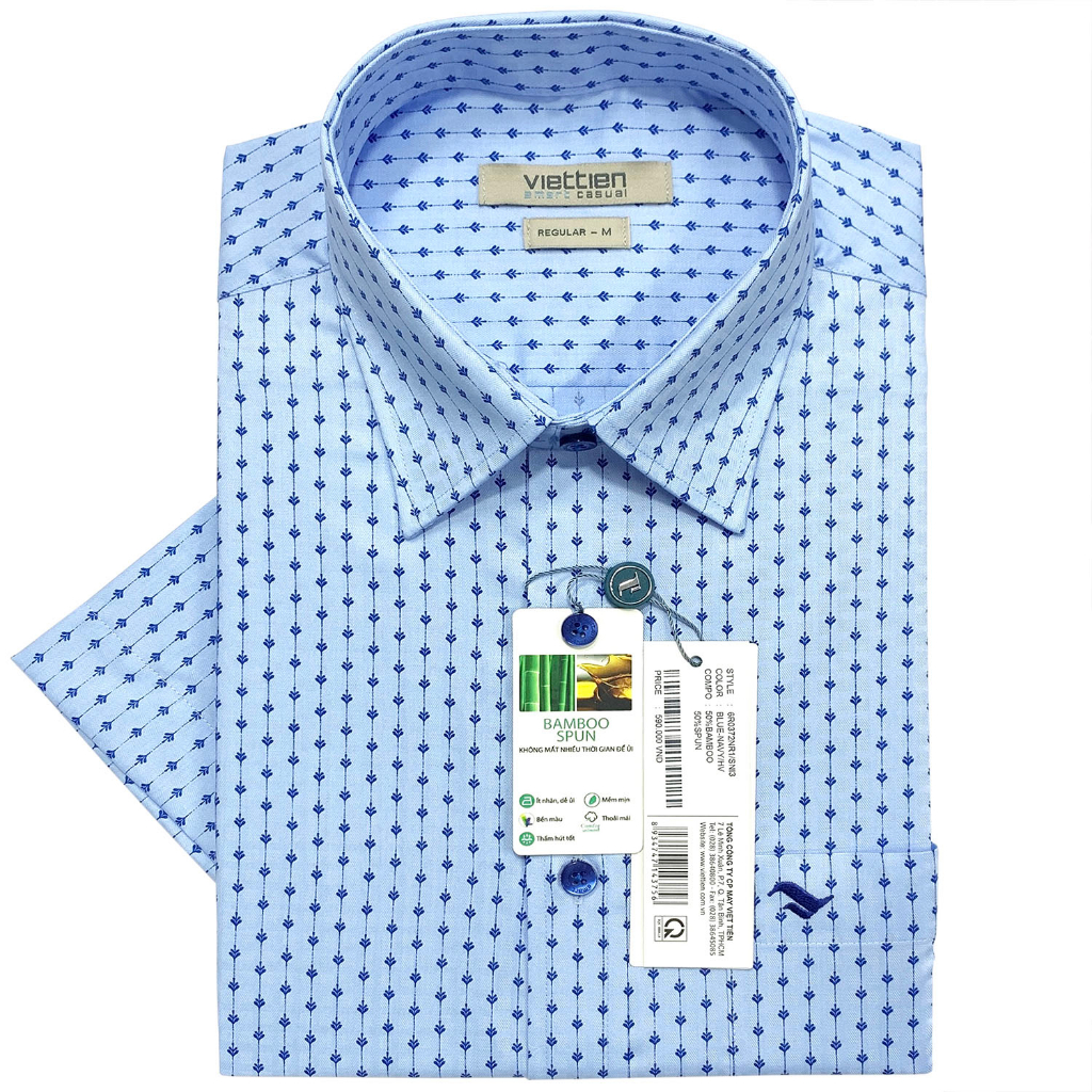 Viettien - Áo sơ mi nam ngắn tay xẻ tà lai ngang họa tiết 6R0372 regular