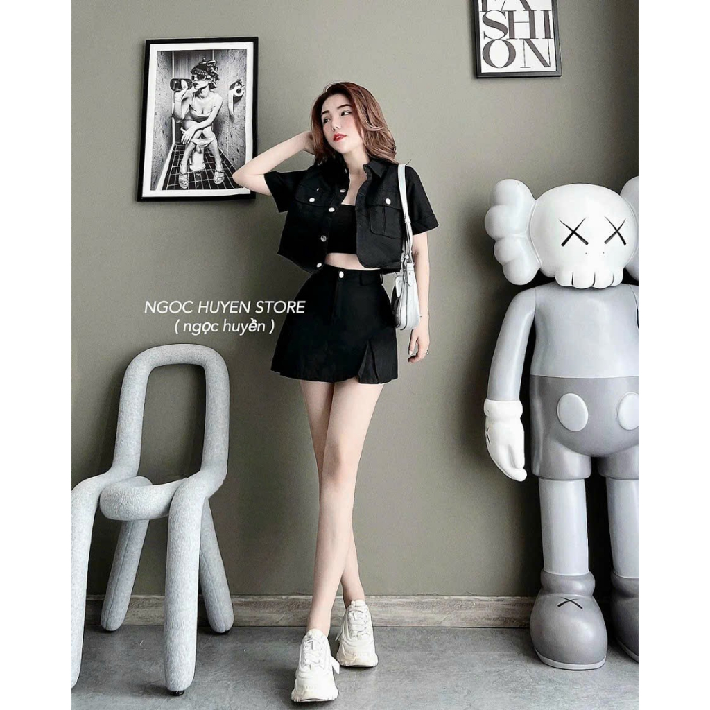 Sét bộ đi chơi nữ,sét 3 món gồm chân váy A phối áo bra mix áo khoác ngoài ngắn tay phong cách trẻ trung x