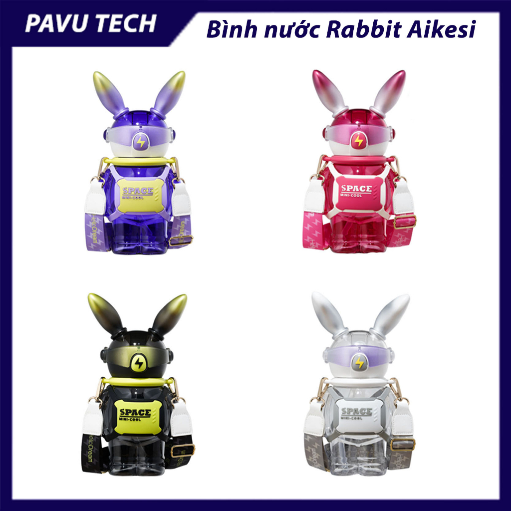 Bình Nước Cute Space Mini Cool - Bình Nước Nhựa Không BPA 1100ml Hình Thỏ Có Ống Hút Thời Trang Dây Đeo Chéo