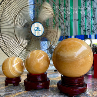 Quả bi cầu phong thủy, bi cầu đá ngọc hoàng long để bàn siêu đẹp - tặng kèm đế gỗ
