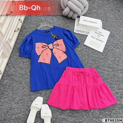 Sét bộ thun mùa hè size đại cho bé gái gồm áo thun cotton hình nơ xinh xắn phối chân váy có quần lót