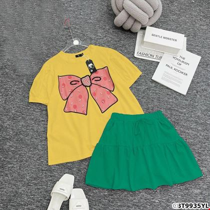 Sét bộ thun mùa hè size đại cho bé gái gồm áo thun cotton hình nơ xinh xắn phối chân váy có quần lót