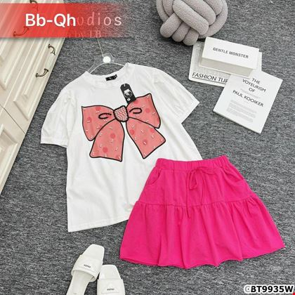 Sét bộ thun mùa hè size đại cho bé gái gồm áo thun cotton hình nơ xinh xắn phối chân váy có quần lót