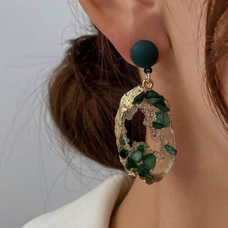 Bông tai oval xanh lá đính đá zircon phong cách thời trang thanh lịch cho nữ