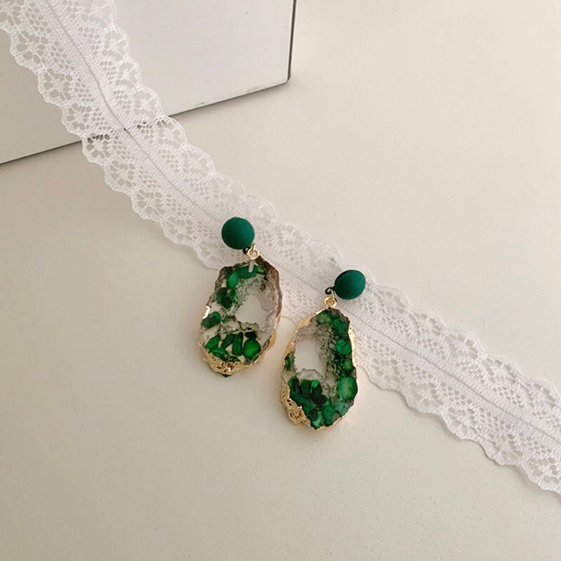 Bông tai oval xanh lá đính đá zircon phong cách thời trang thanh lịch cho nữ