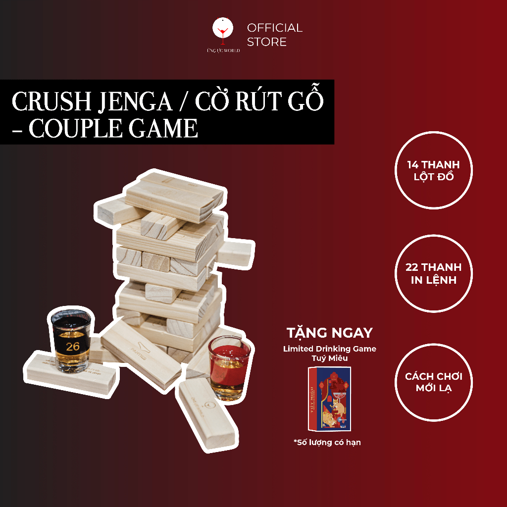 Bộ rút gỗ cặp đôi Crush Jenga 36 thanh, đồ chơi tình yêu cho cặp đôi Ừng Ực World