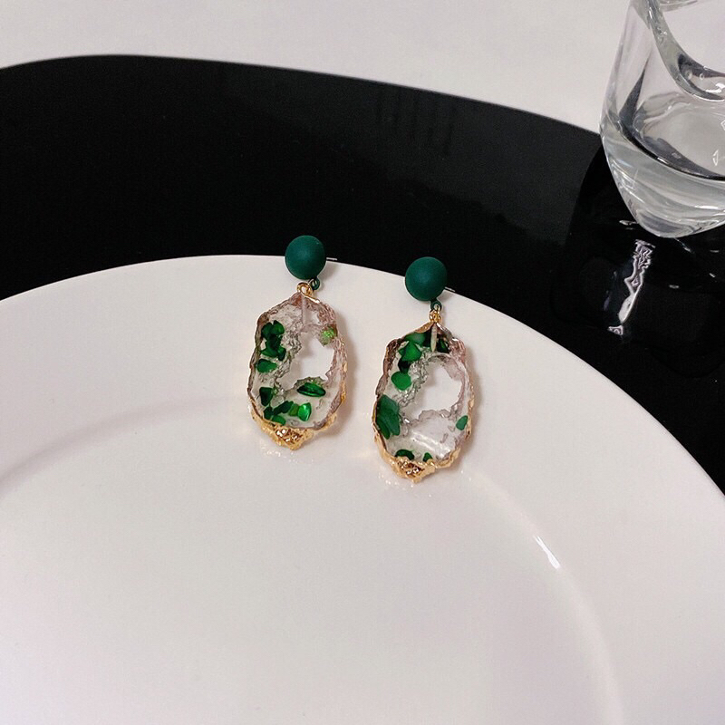 Bông tai oval xanh lá đính đá zircon phong cách thời trang thanh lịch cho nữ
