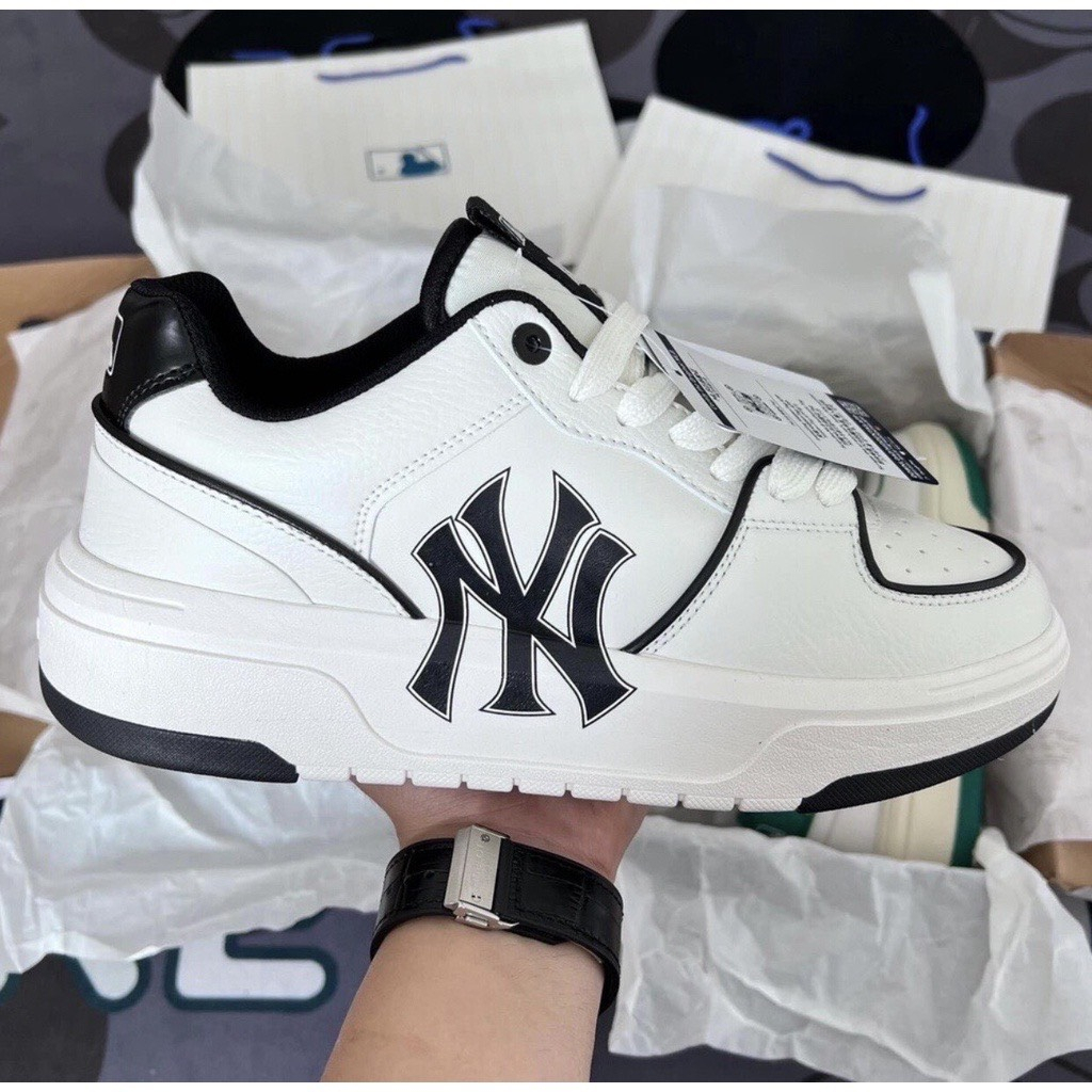 Giày mlb chunky dán họa tiết chữ LA liner ofwhite NY kẻ đen cao cấp, giày ML B chunky NY xám hot trend 2023