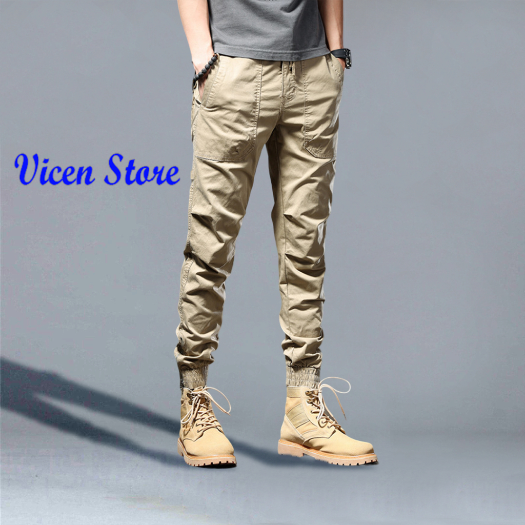 Quần Jogger Kaki Túi Hộp Nổi Cao Cấp VICENZO Cạp Chun Bo Gấu Thể Thao. Quần Jogger Kaki Nam Túi Vuông Thể Thao