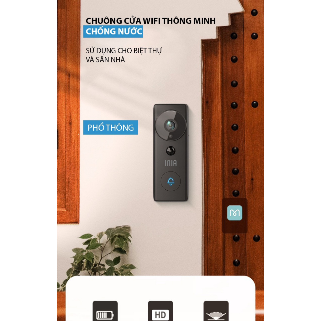 Chuông cửa hình thông minh không dây wifi INIA có camera an toàn cho ngôi nhà, cảnh báo chống trộm kết nối Smartphone
