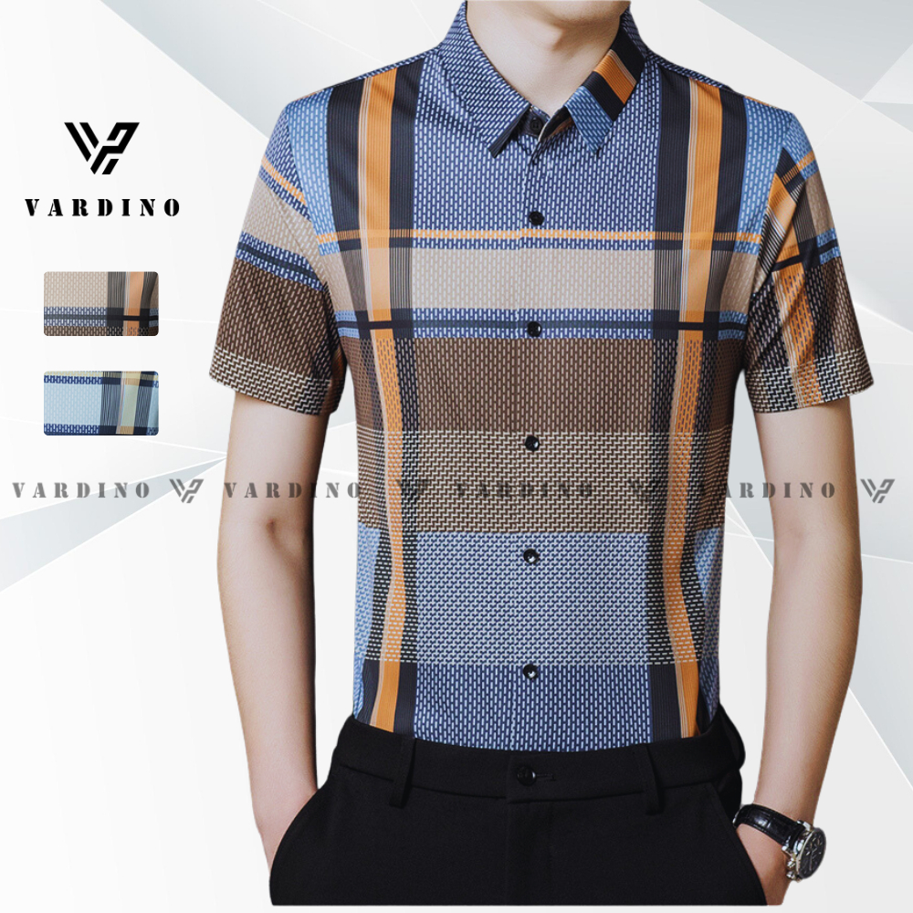 Áo sơ mi kẻ nam VARDINO tay ngắn vải Cotton lụa không nhăn không phai kiểu công sở trung niên s286
