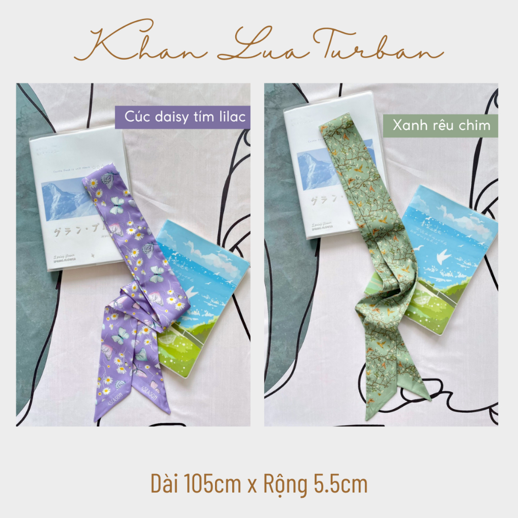 Khăn lụa Turban quấn túi, buộc tóc, choàng cổ, kích thước 105x5.5cm phong cách vintage, tropical