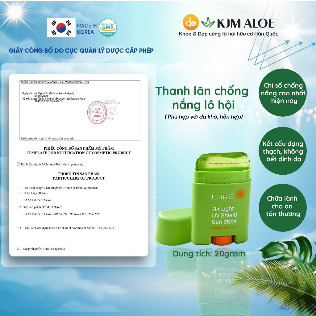 Thanh Lăn Chống Nắng, Dưỡng Da Tinh Chất Nha Đam CURE AIR LIGHT, SPF50+/PA++++
