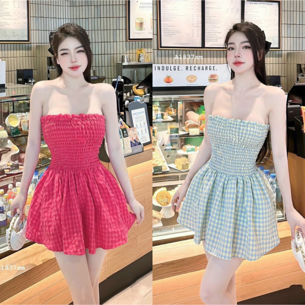 Set đầm váy nữ cúp ngực nhún mix dáng váy xếp ly xòe kèm quần họa tiết caro xinh xắn dành cho các nàng đi dạo dễ thương.