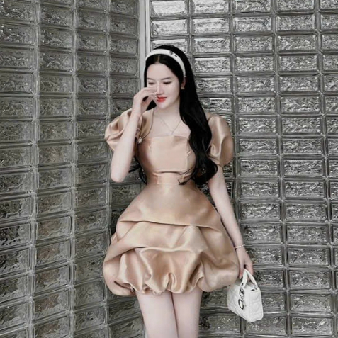 đầm váy nữ dự tiệc cổ vuông đính charm dáng xòe bồng thời trang nữ stclothing