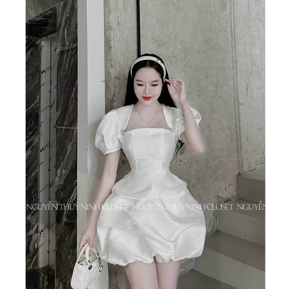 đầm váy nữ dự tiệc cổ vuông đính charm dáng xòe bồng thời trang nữ stclothing