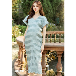  Đầm Bầu SACHIMOM - Váy Bầu Dáng Suông Dài Dập Ly Ziczac SCARLET DRESS Màu Xanh Blue 