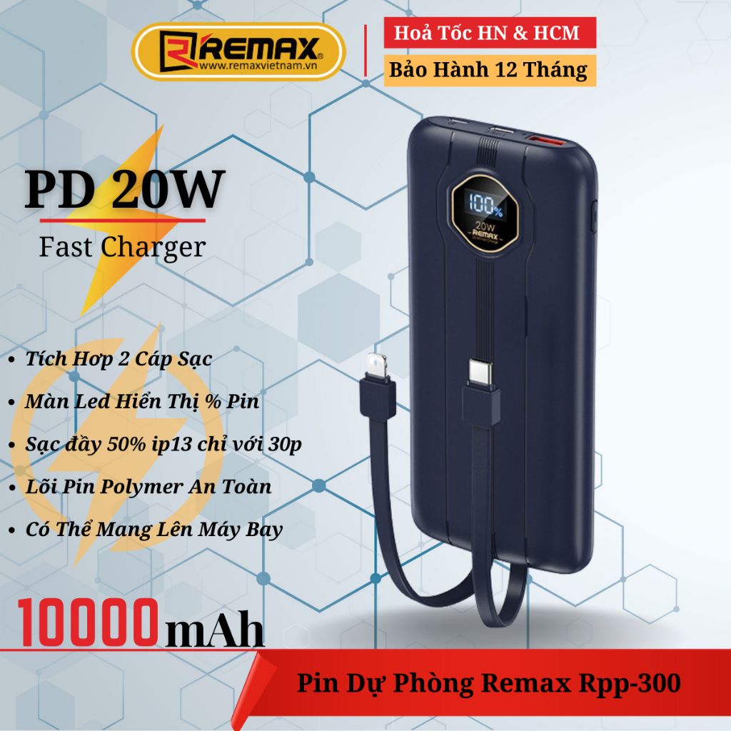 Pin Sạc Dự Phòng 10000mAh Sạc Nhanh 22.5W Tích Hợp Cáp Sạc - Remax Việt Nam RPP-300 - Bảo Hành 12 Tháng