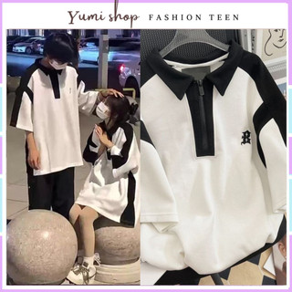 Áo polo cổ khóa màu đen trắng,Áo thun form rộng có khóa trước ngực unisex.