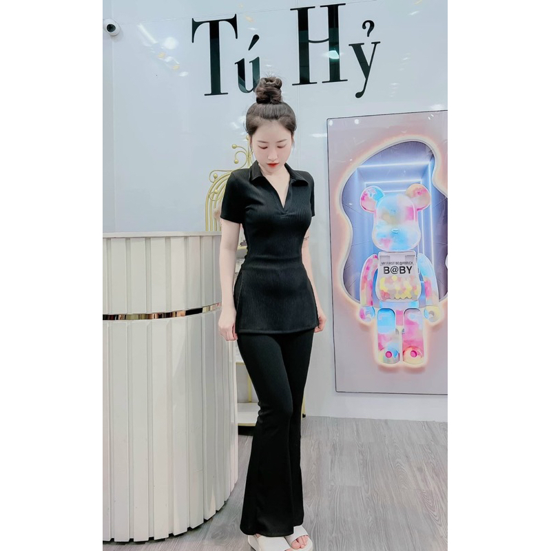 Đồ bộ nữ, set đồ bộ quần ống loe đai cao có túi và áo ôm ngắn tay xẻ lai cổ sơ mi vải thun cotton gân, bộ đồ mặc ở nhà