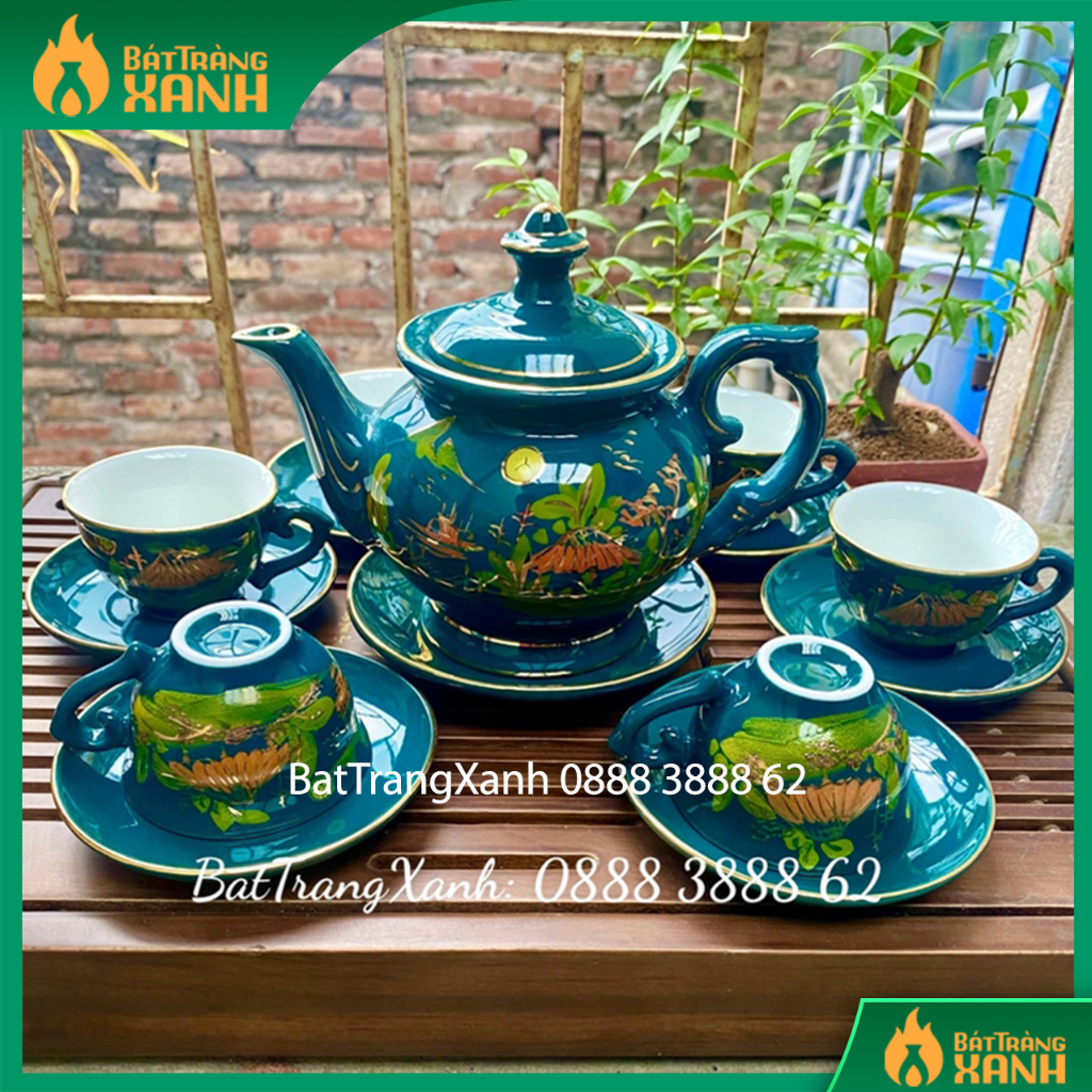 Bộ Ấm Trà Vẽ Tay Men Xanh Malat - Bộ ấm chén Bát Tràng hoa tiết vẽ tay cao cấp vàng 24K