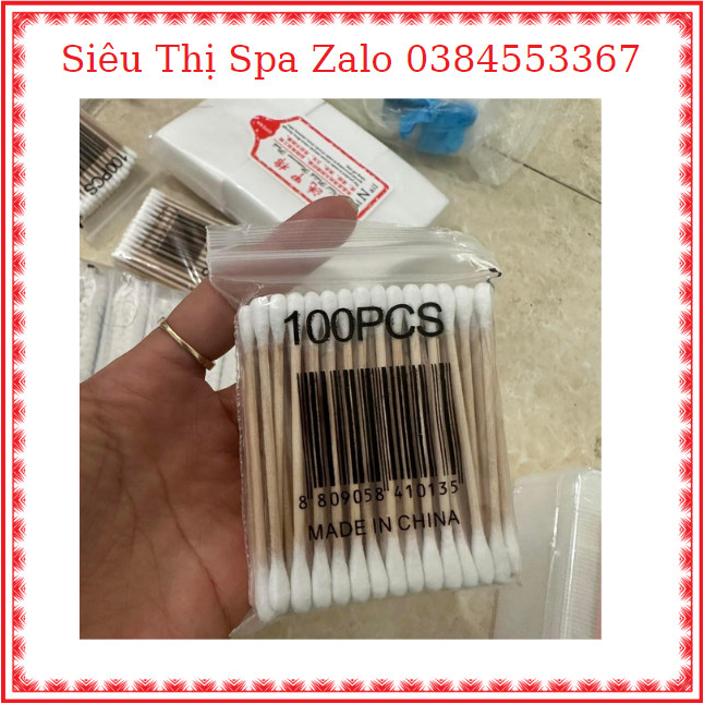 Gói 100 que tăm bông thân gỗ nặn mụn, ngoái tai cực thích