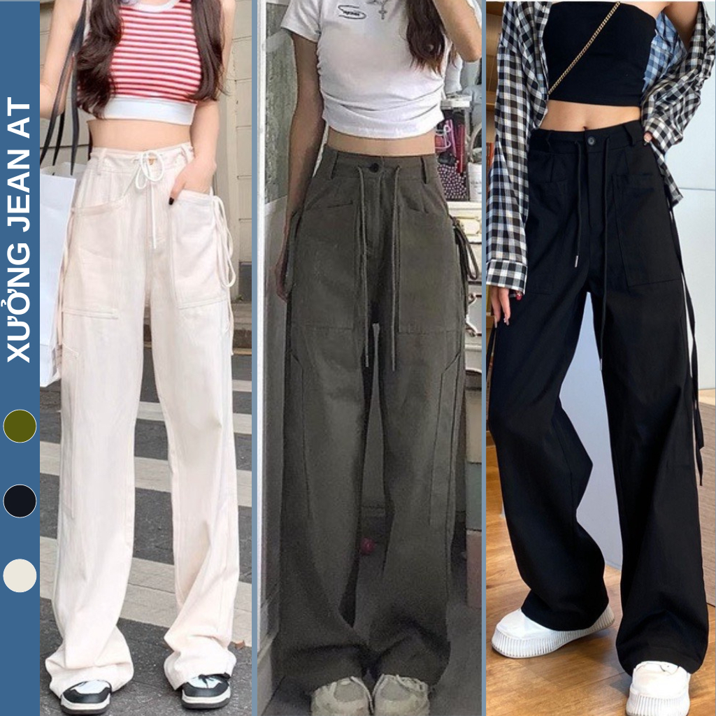 Quần Kaki Nữ Trẻ Trung, Kaki Ống Rộng Túi Hộp Phối Dây Rút Lưng Cao Dáng Suông Phong Cách Ulzzang Cực Chất