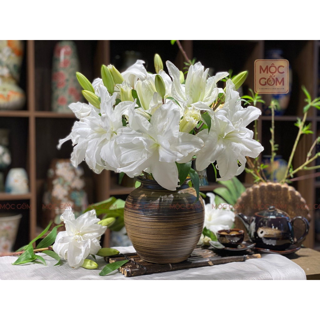 Bình gốm Bát Tràng dáng vò tròn quốc dân men trắng lì vân ganh cắm hoa trang trí phòng khách đẹp Mộc Gốm MG165