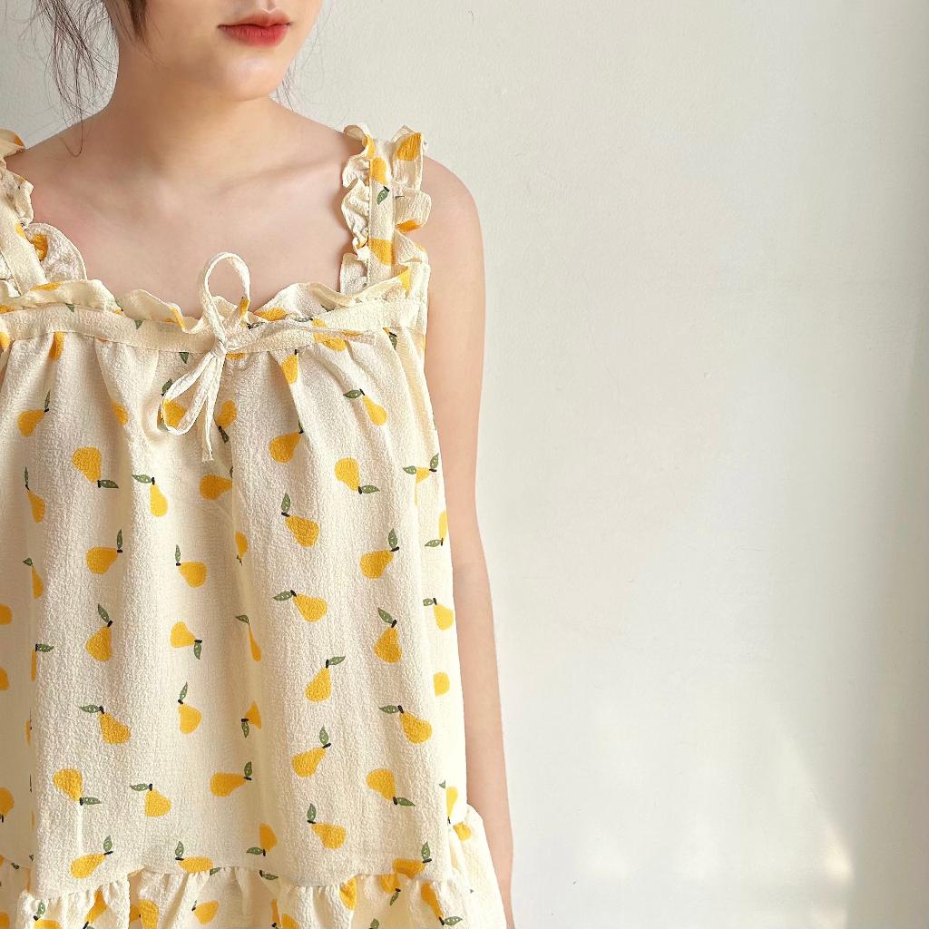 Set đồ ngủ Pijama hai dây nơ chất đũi xốp hàn họa tiết lê vàng - Laem Saigon