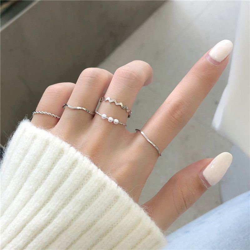 Set 5 Nhẫn Thời Trang, Set Nhẫn Đeo Tay Kim Loại Hàn Quốc Đơn Giản Thanh Lịch