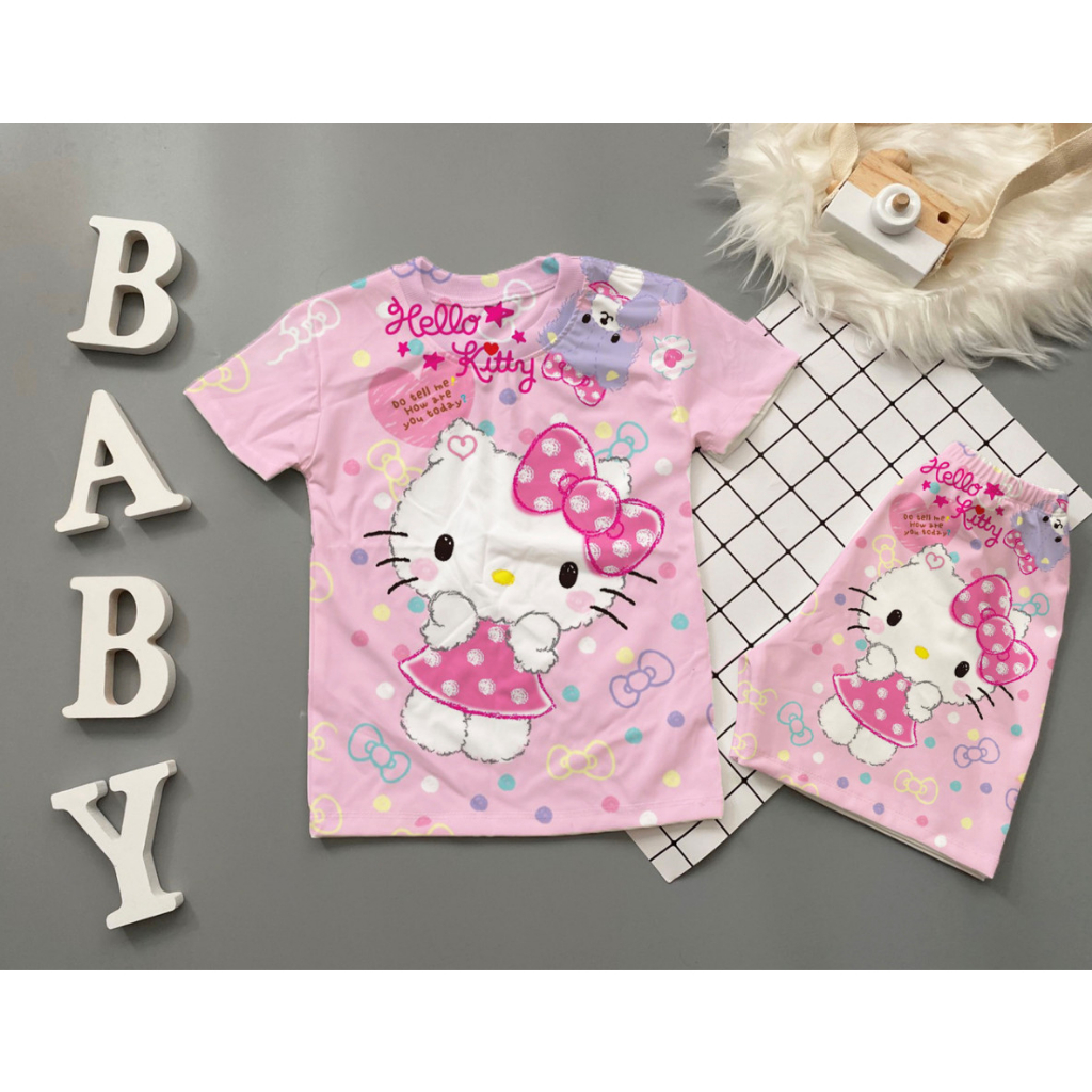 Bộ size đại tay ngắn bé gái hình Kitty siêu đẹp chất thun lạnh mềm mại in 3D 10-60KG SUSHI KIDS