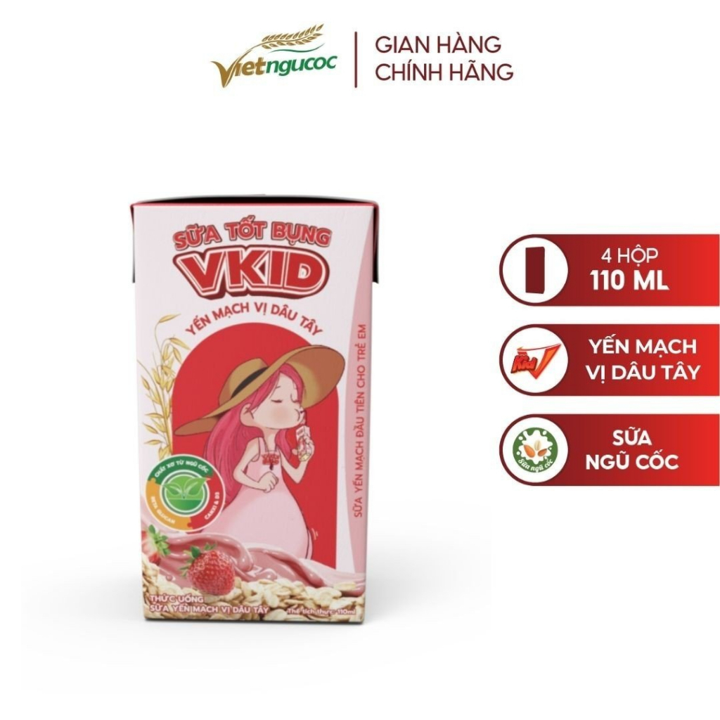 Combo 5 Lốc Sữa Yến Mạch Vkid VIỆT NGŨ CỐC Cho Bé Thơm Ngon Vị Dâu Tây 110ml/Hộp