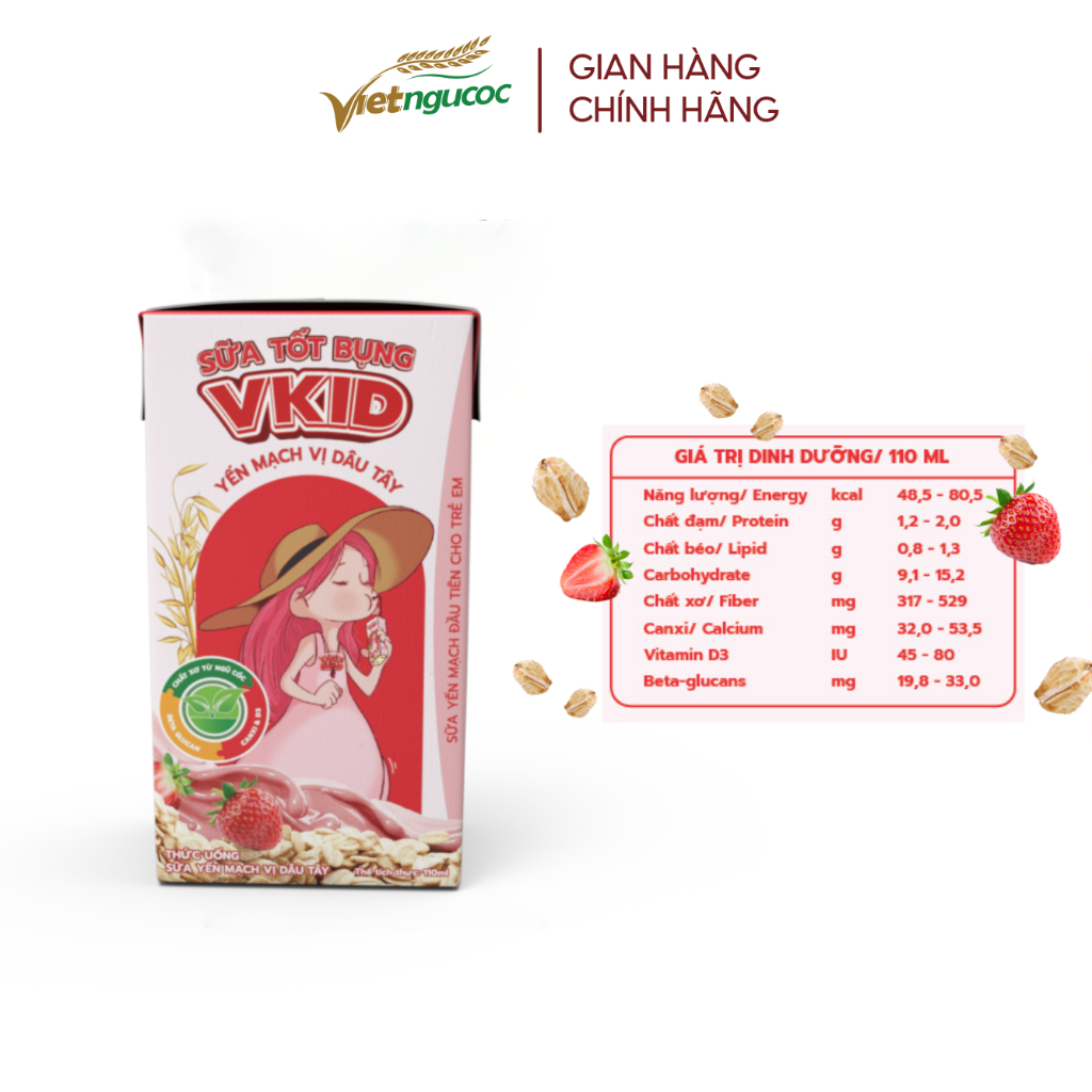 Combo 2 Lốc Sữa Yến Mạch Vkid VIỆT NGŨ CỐC Cho Bé Thơm Ngon Vị Dâu Tây 110ml/Hộp